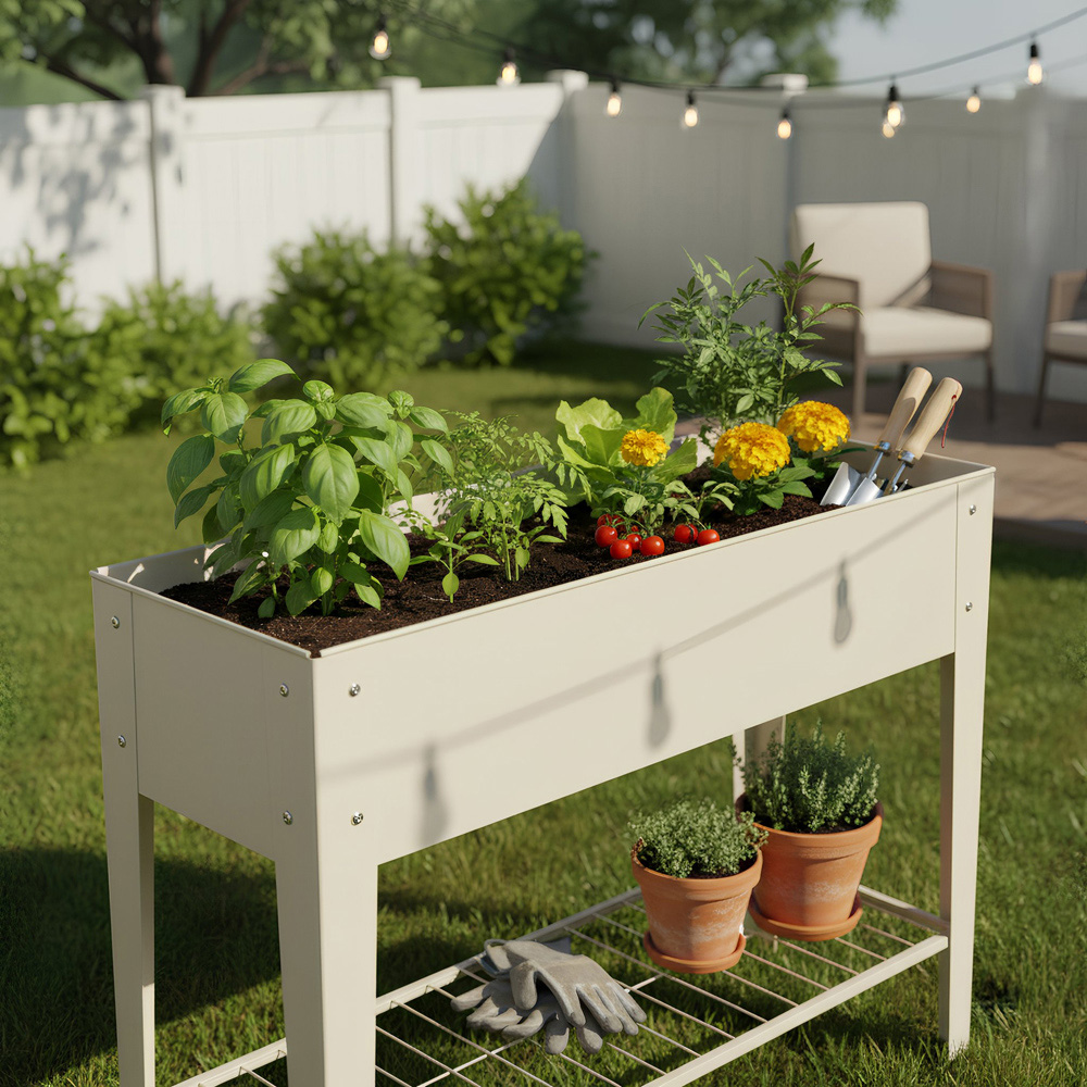 Harbour Housewares Ivory Galvanised Steel Raised Garden Bed with Legs and Storage Shelf Image 4