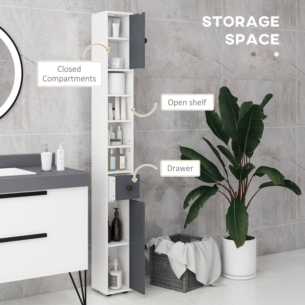 Kleankin Grey 3 Door 4 Shelf Slim Bathroom Cabinet Image 4