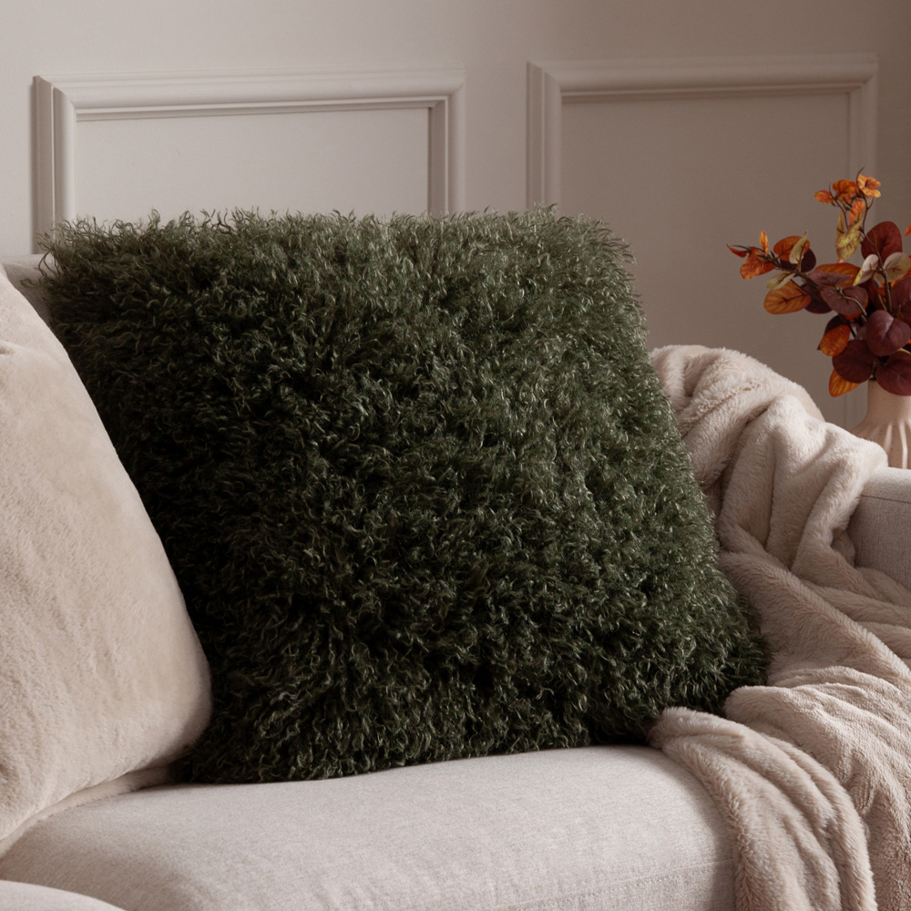 Furn Rowan Khaki Faux Fur Reversible Cushion 50 x 50cm Image 2