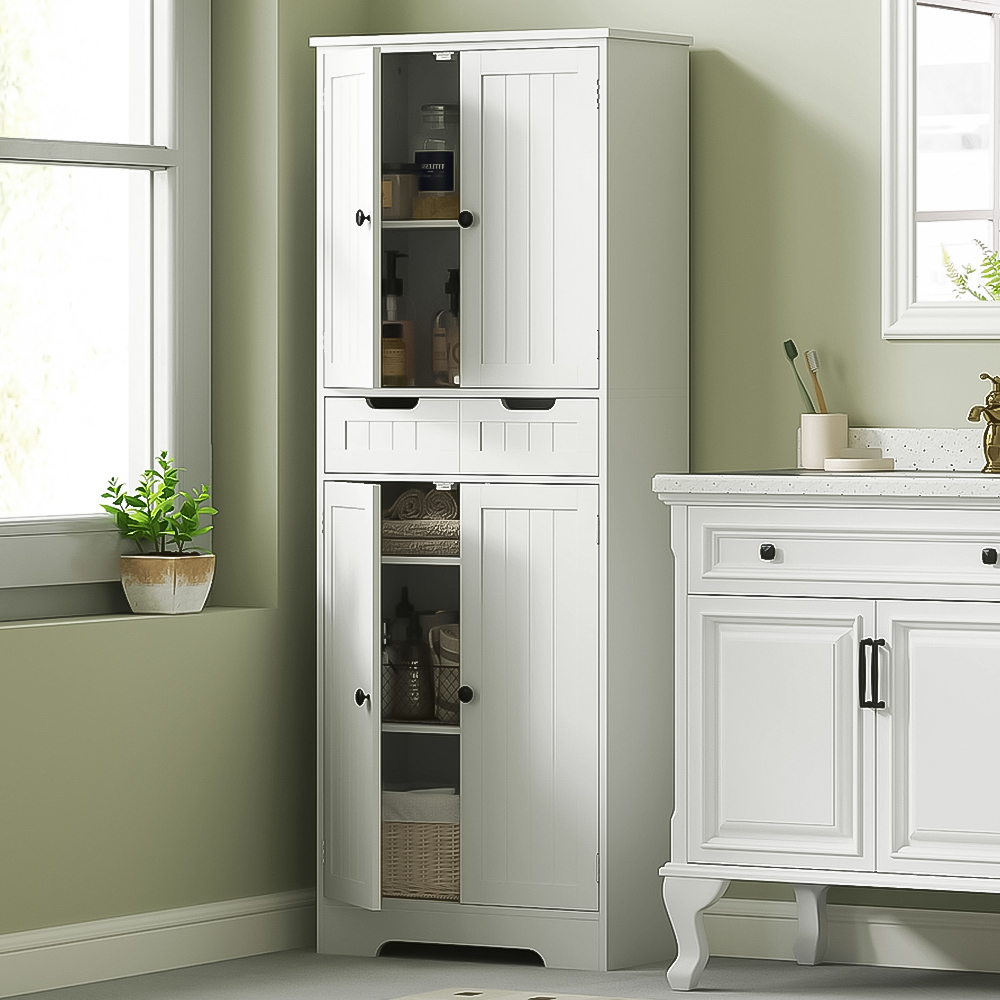 HOMCOM 4 Door 2 Drawer White Tall Bathroom Cabinet Image 1