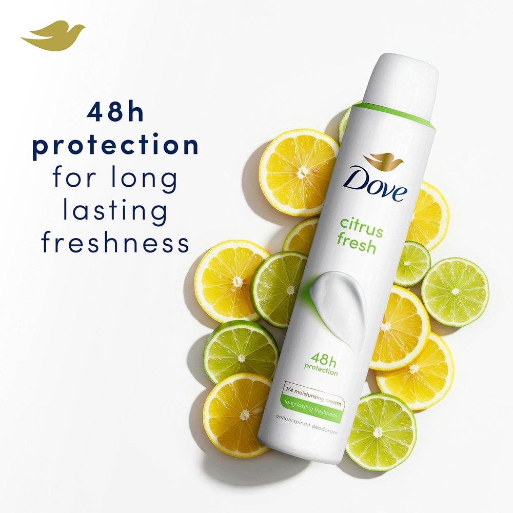 Dove Citrus Fresh 48H Sweat and Odour Protection Antiperspirant Aerosol 200ml 6 Pack Image 3
