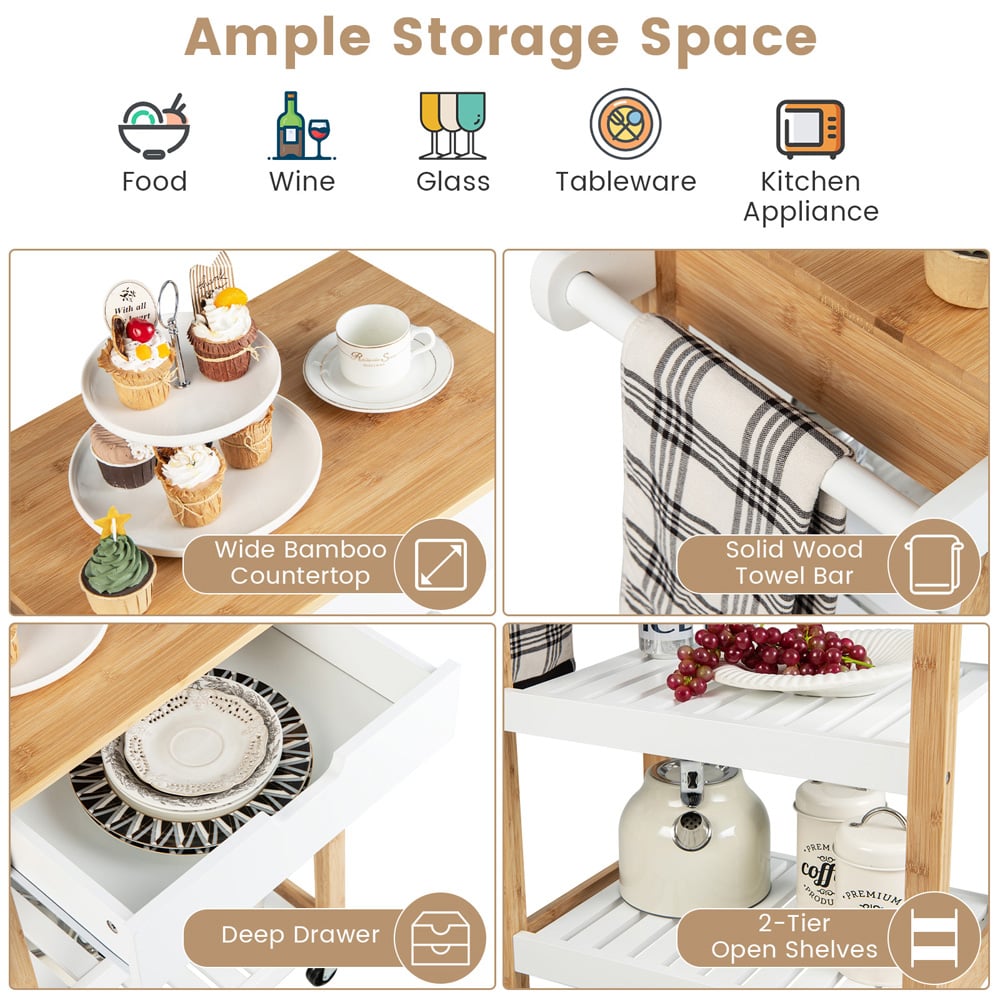 Costway Single Drawer Natural Bamboo Kitchen Island Trolley Image 7