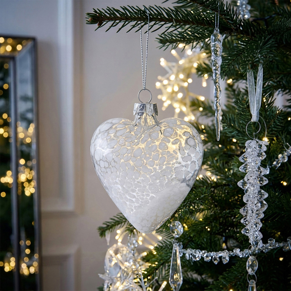Confetti Effect Glass Heart Bauble White Image 2