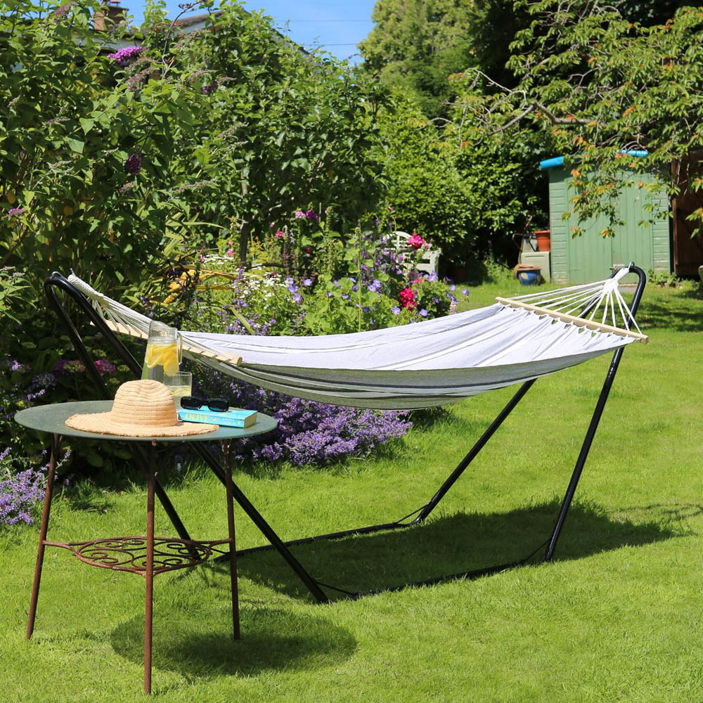 Harbour Housewares Grey and White Stripe Cotton Garden Hammock with Stand Image 5