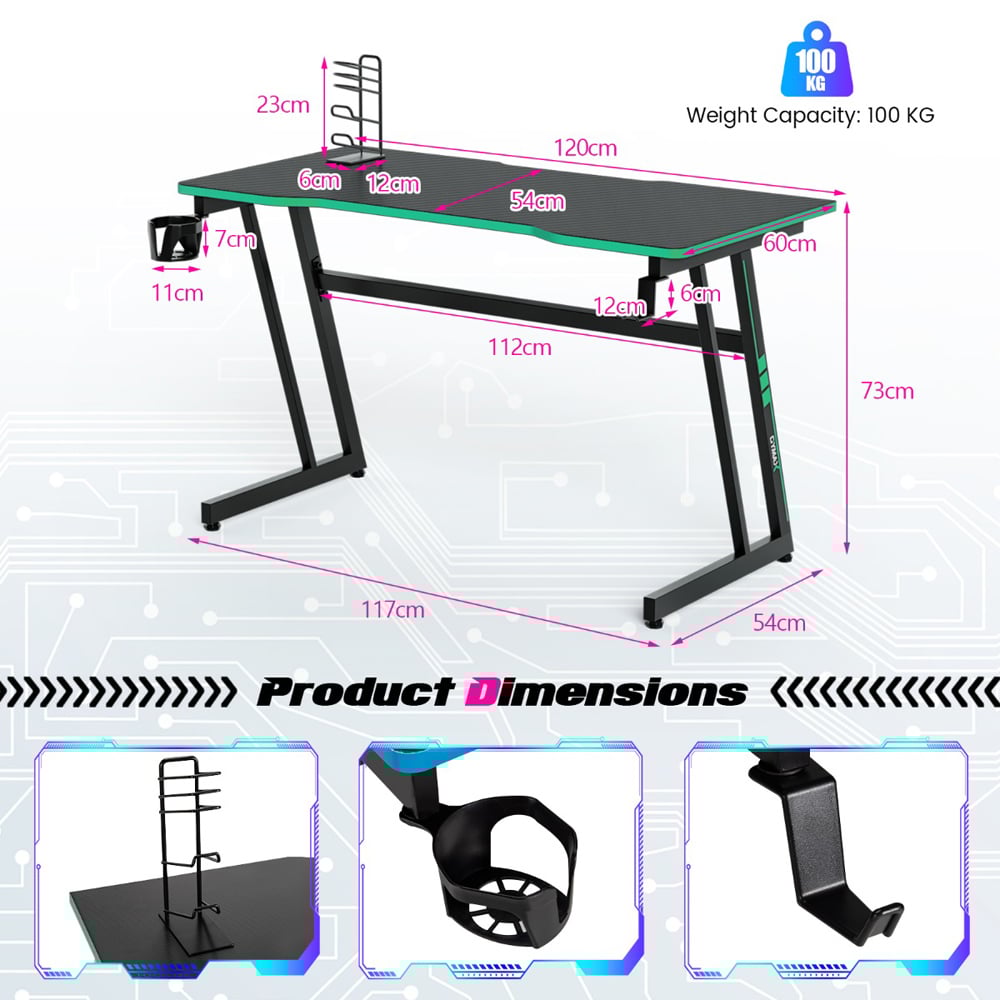 Costway Z-Shaped Computer Desk with Headphone Hook and Cup Holder Green Image 9