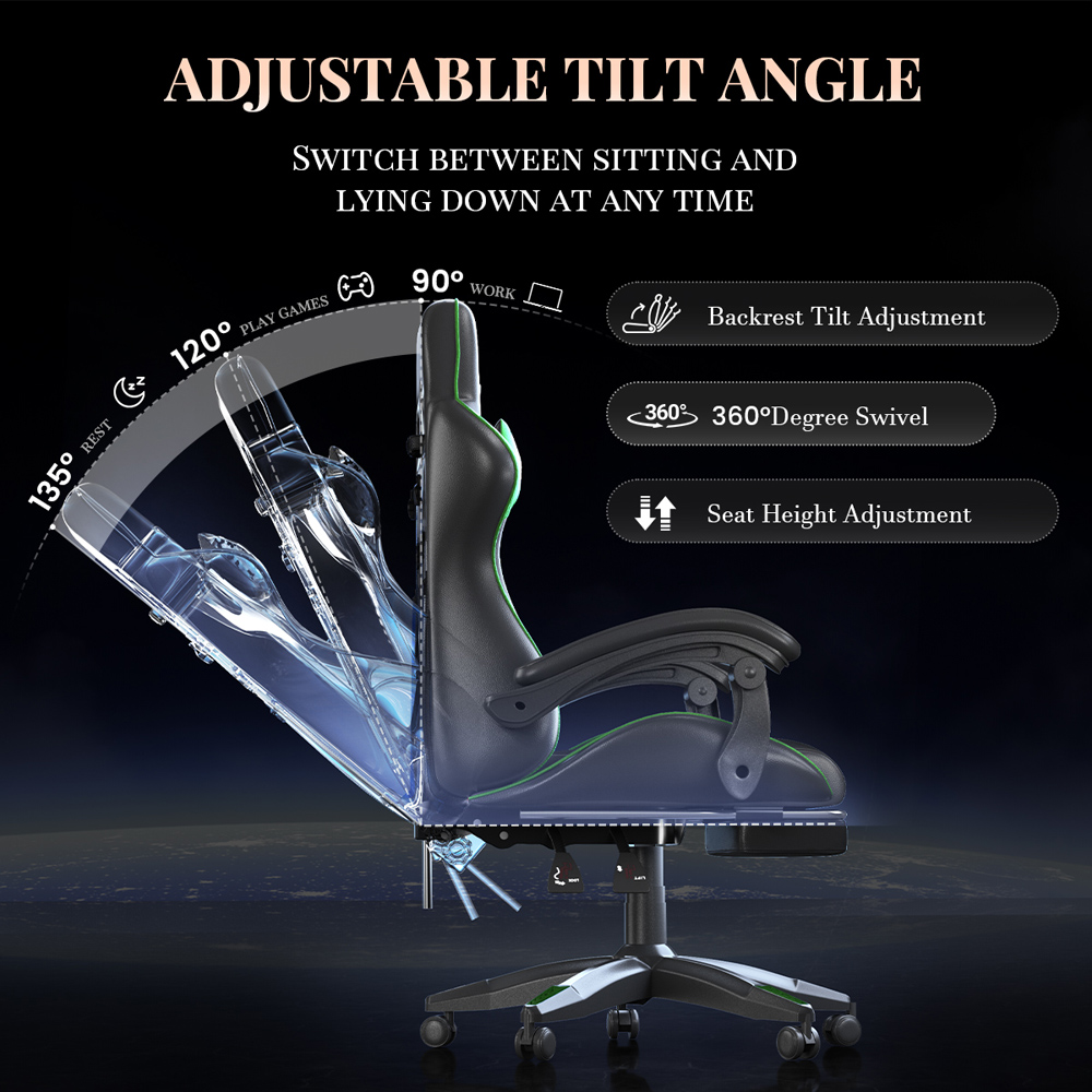 Rattrix Green Reclining Gaming Chair with Massage Lumbar Cushion and Footrest Image 6