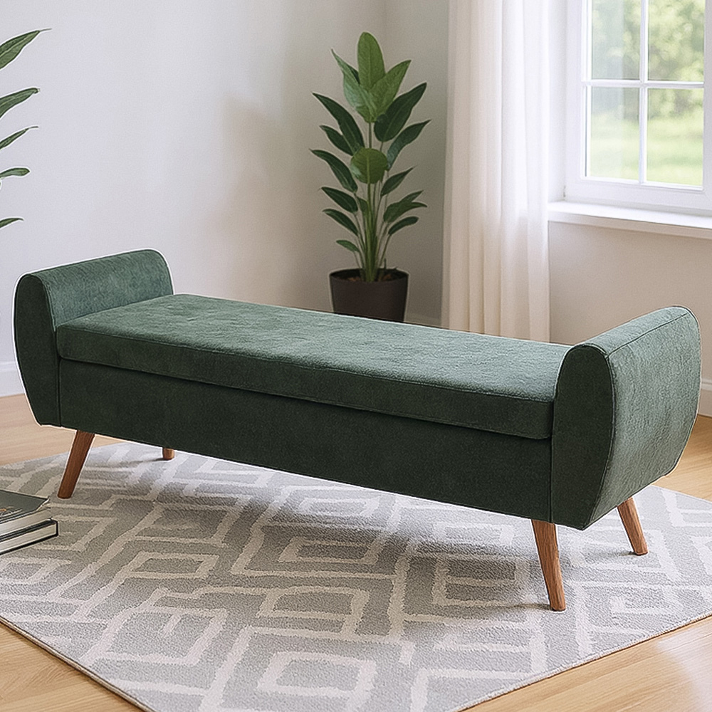 Living and Home Green Chenille Upholstered Storage Bench Image 1
