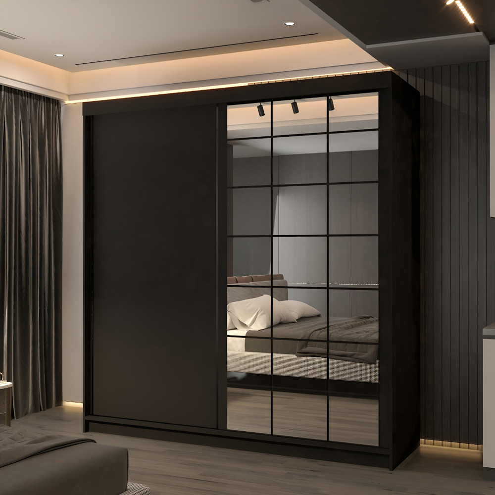 M N Furniture Collian 2 Door Black Mirrored Sliding Wardrobe 200cm Image 4