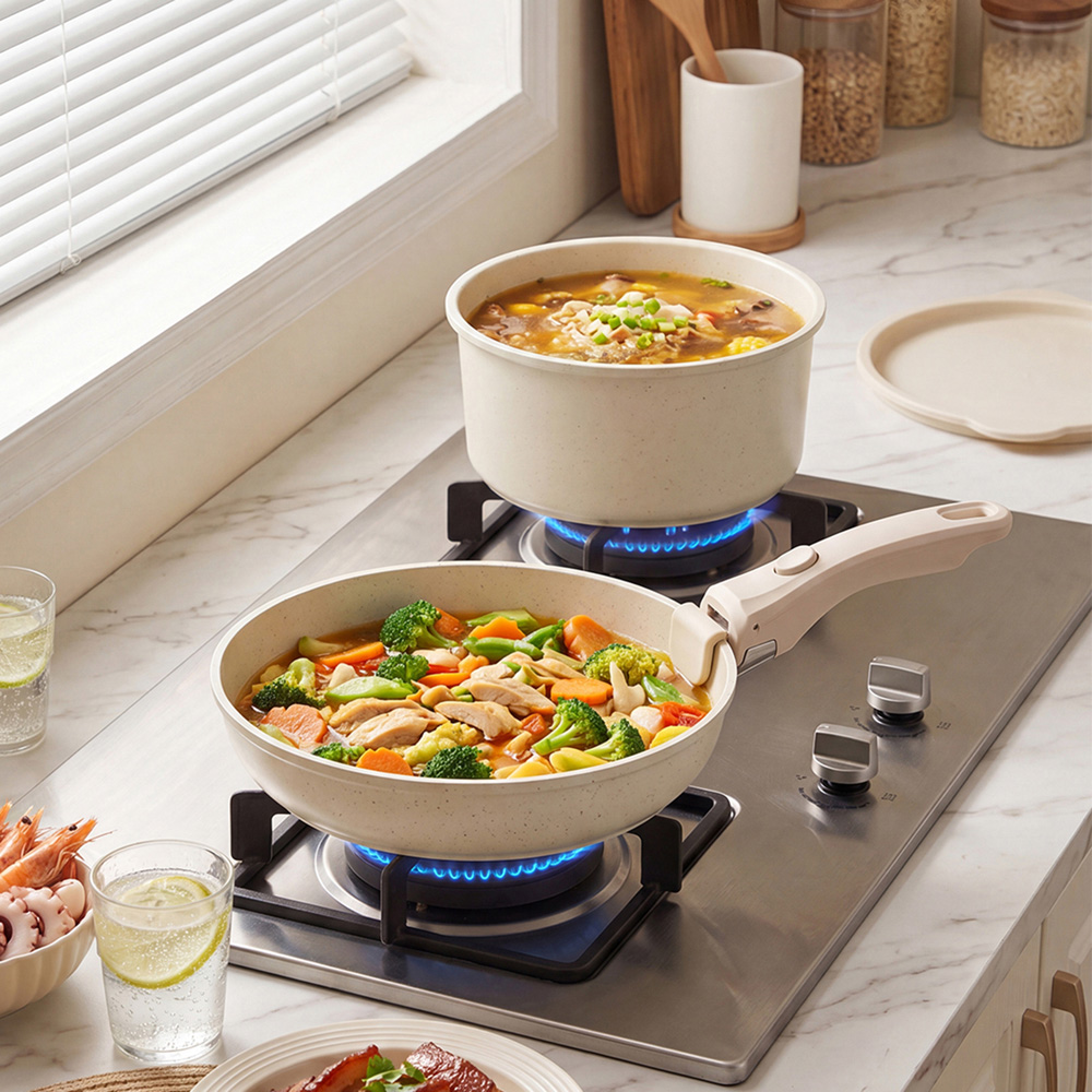 Living and Home 8 Piece Cream White Non Stick Cookware Set Image 7