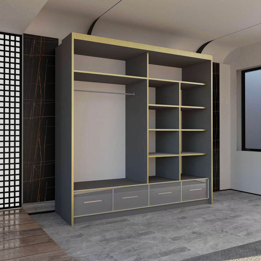 M N Furniture Silora 2 Door 4 Drawer Grey and Gold High Gloss Mirrored Sliding Wardrobe 203cm Image 3