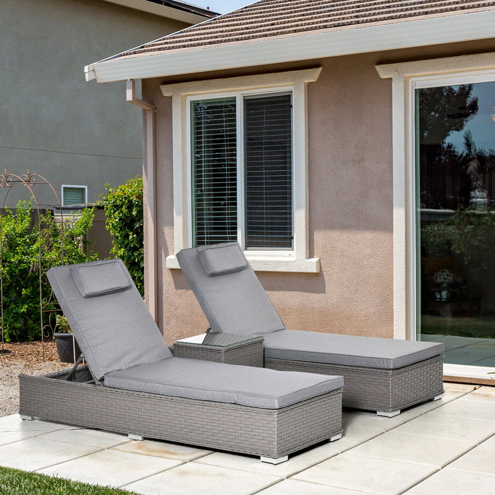 Outsunny 2 Seater Grey Rattan Recliner Sun Lounger Set Image 7