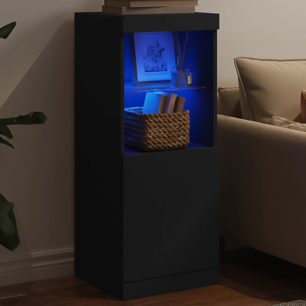 vidaXL Single Door 2 Shelf Black Wooden Sideboard with LED Lights Image 1