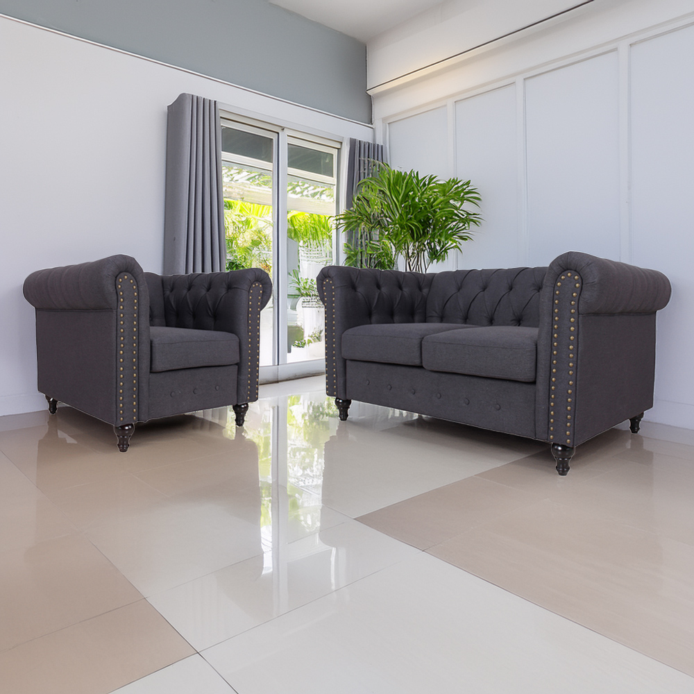 Furniture One Set of 2 Dark Grey Nailhead Trim Upholstered Armchairs Image 1
