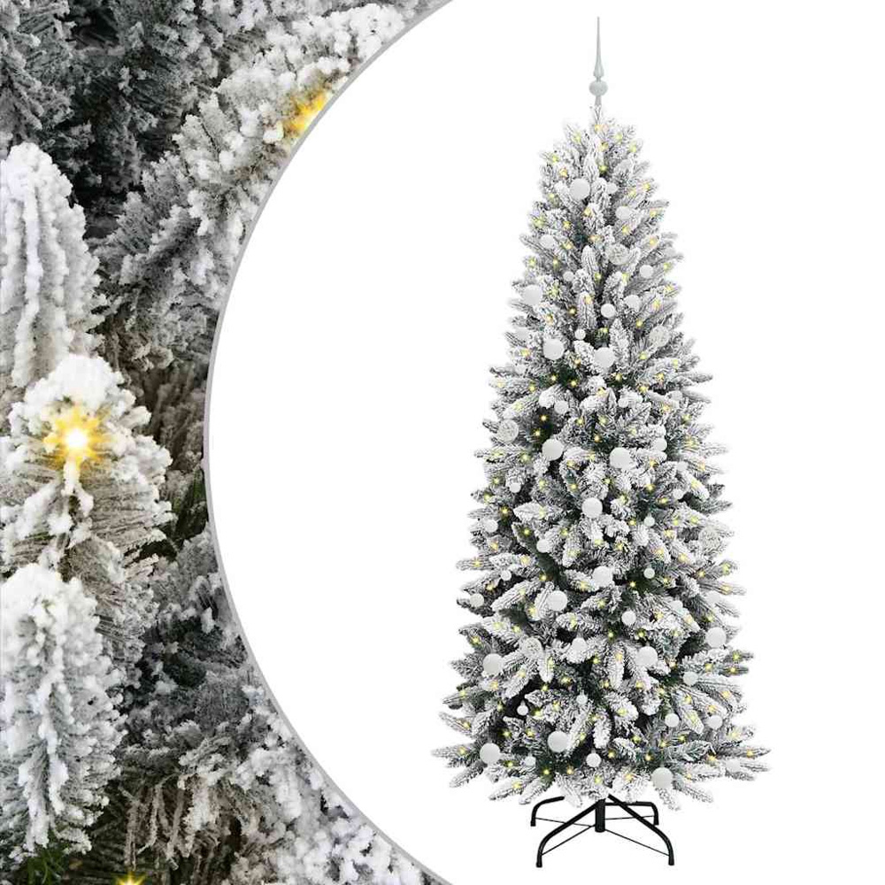 vidaXL Pre-Lit White Baubles Artificial Snow Flocked Christmas Tree 7ft Image 2