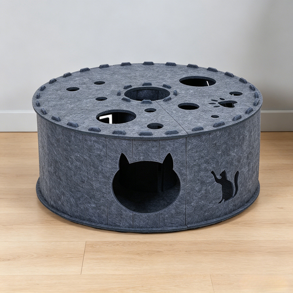 H&O Direct 2-Tier Grey Donut Shape Round Felt Cat House Image 2