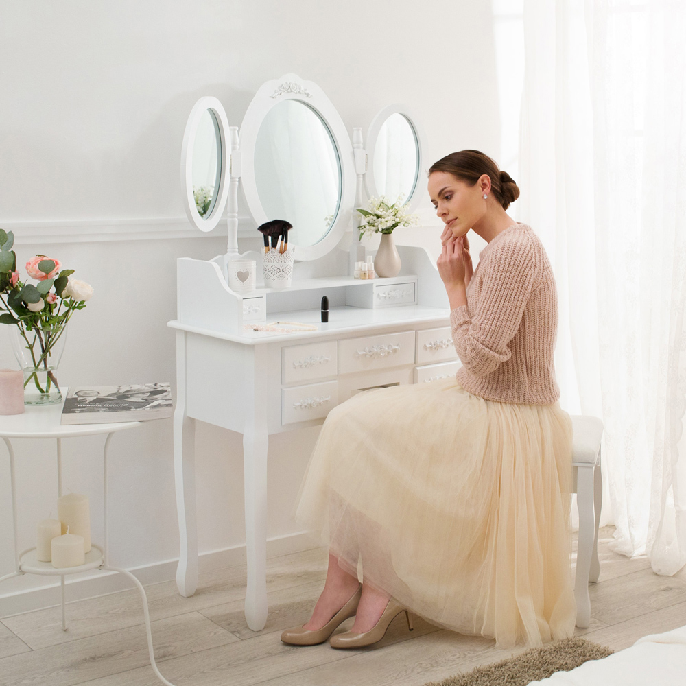 tectake 7 Drawer Antique Look Dressing Table Set with 3 Mirror Image 8