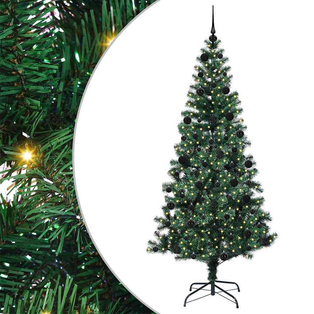 vidaXL Pre-Lit Black Baubles Green Artificial Christmas Tree 7ft Image 2
