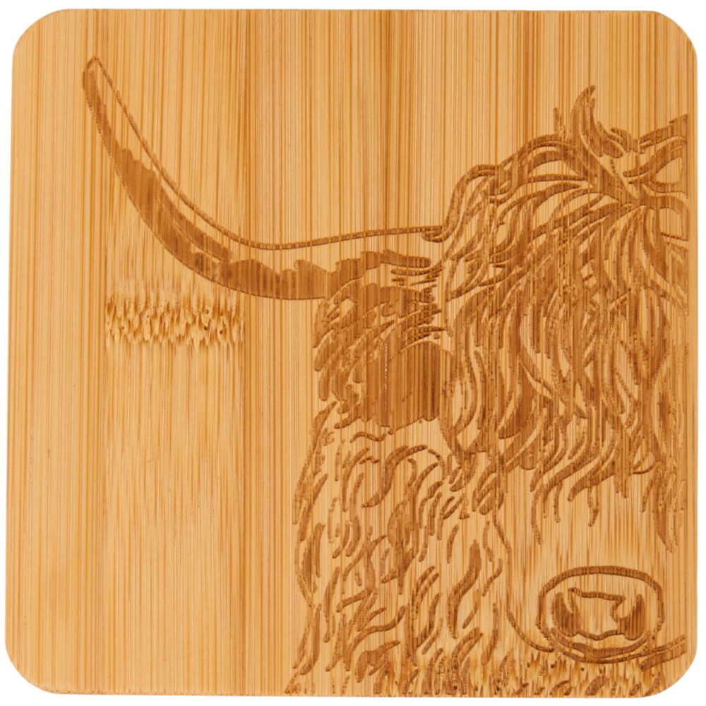 Pack of 4 Highland Cow Bamboo Coasters Brown Image 4