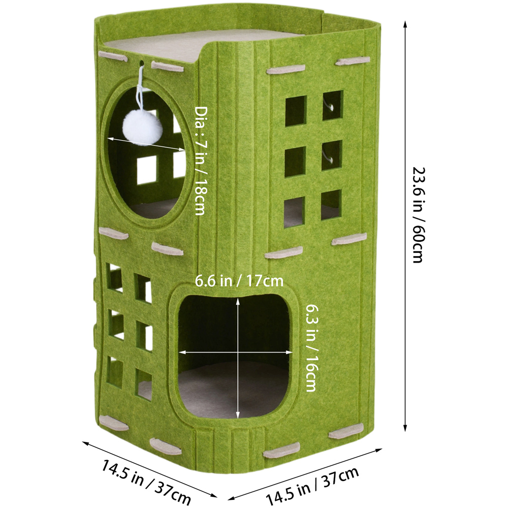 H&O Direct 2-Tier Green Felt Cat House with Hanging Fluffy Ball Image 6