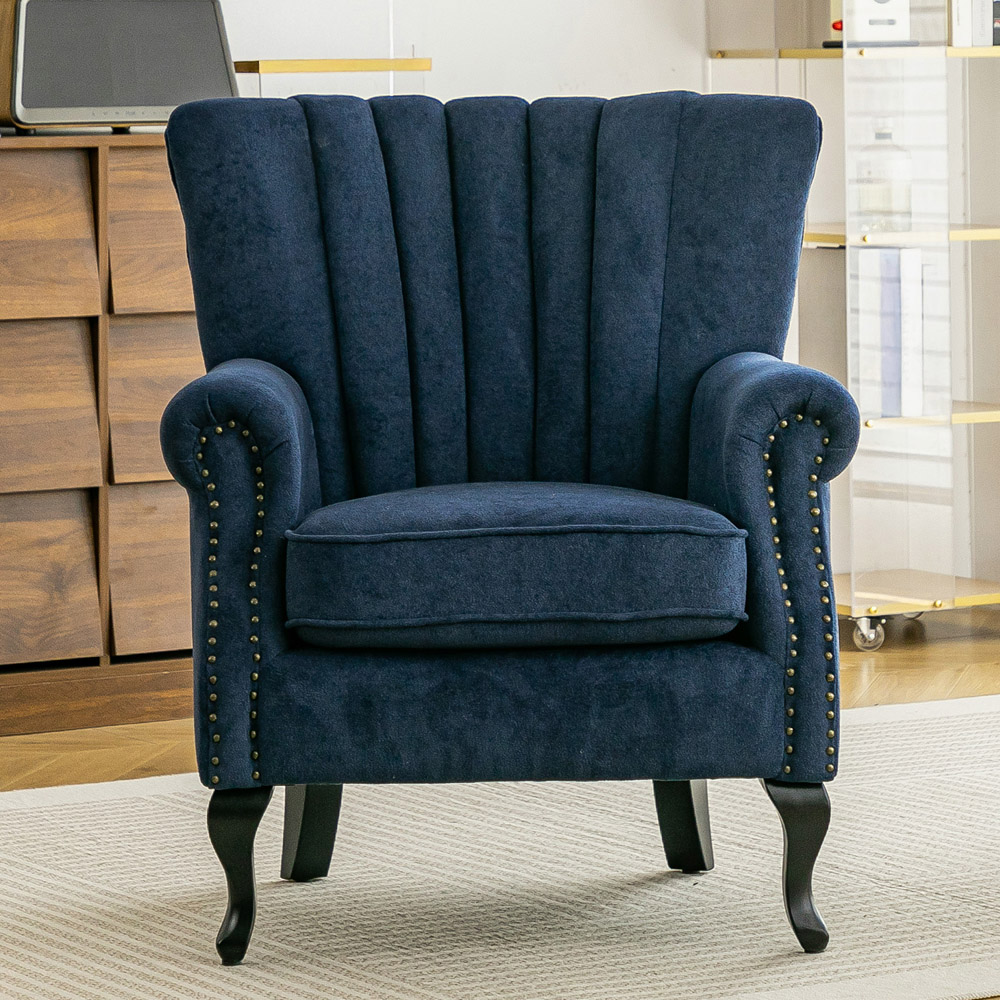 Living and Home Blue Chenille Upholstered Channel Back Armchair Image 8