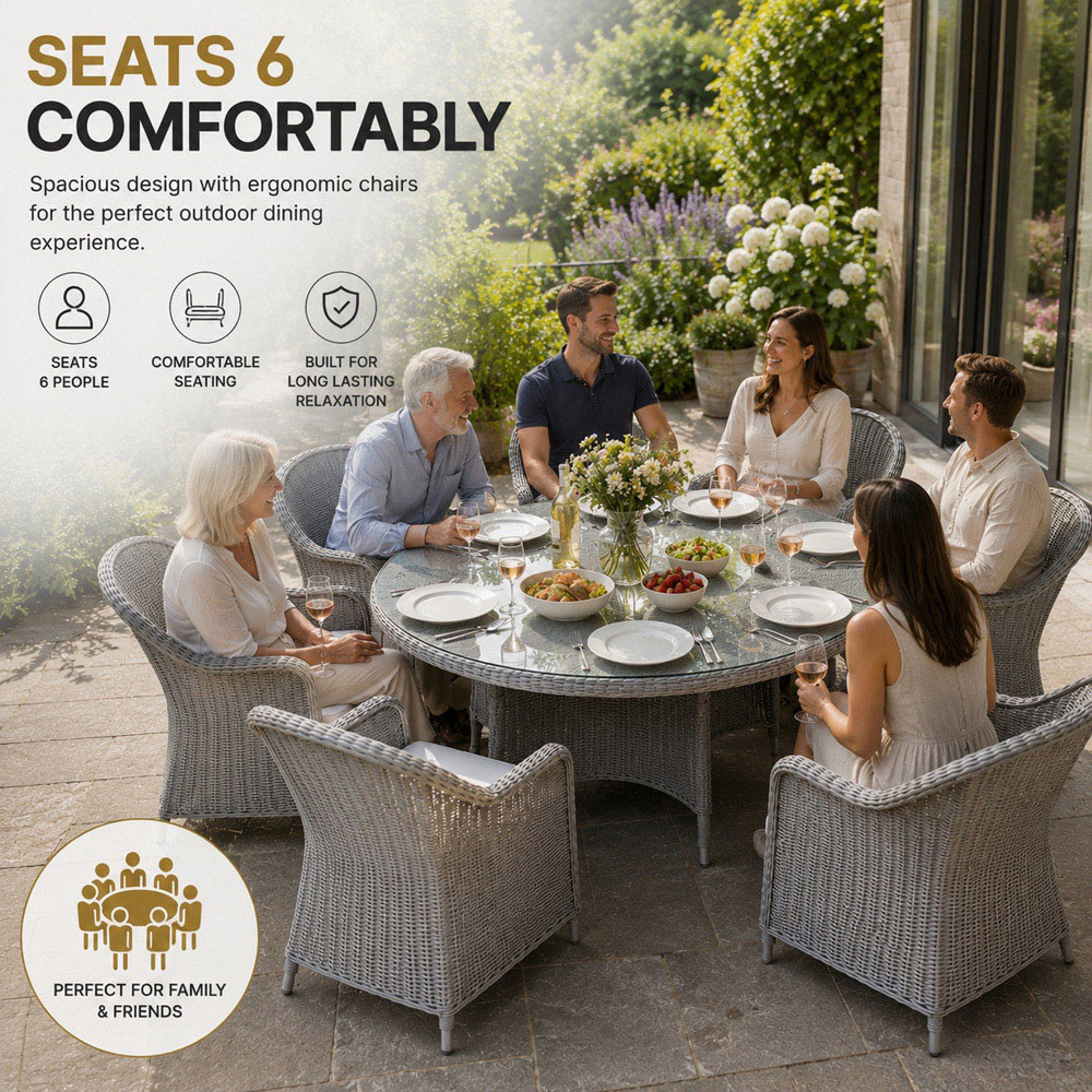Shatchi Sorrento 6 Seater Rattan Aluminium Round Garden Dining Set Light Grey Image 4