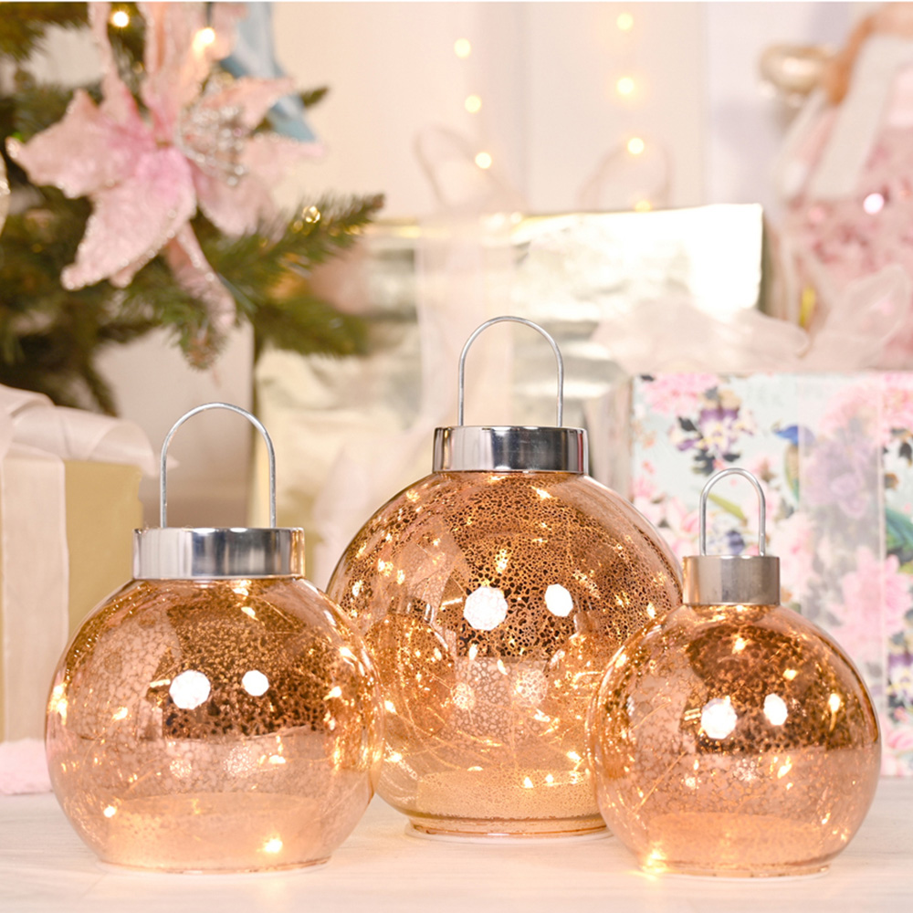 The Seasonal Gift Co. Blush Pink LED Fairy Light Crackle Mercury Glass Bauble 13cm Image 2