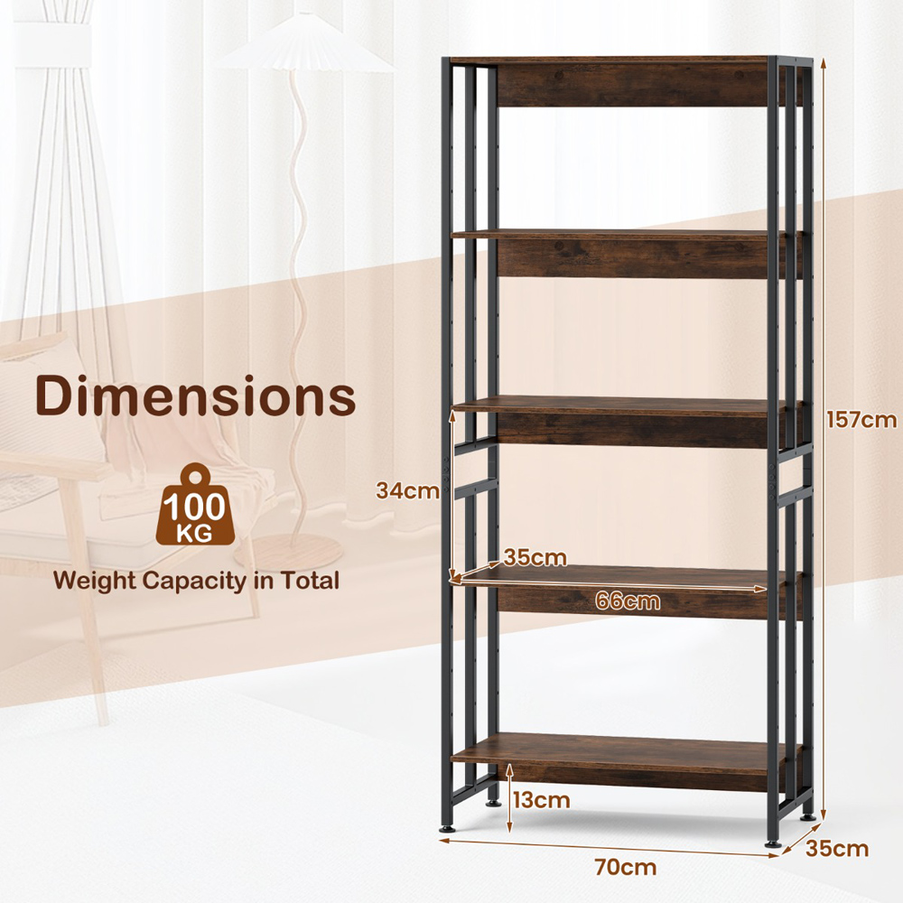 Costway 4 Shelf Rustic Brown Tall Adjustable Etagere Bookcase Image 9