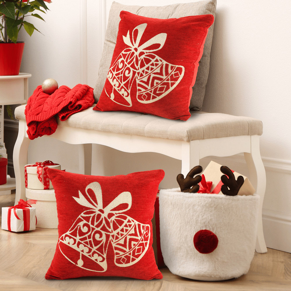 Noel Square Red Merry Bells Cotton Chenille Cushion 56 x 56cm Image 3