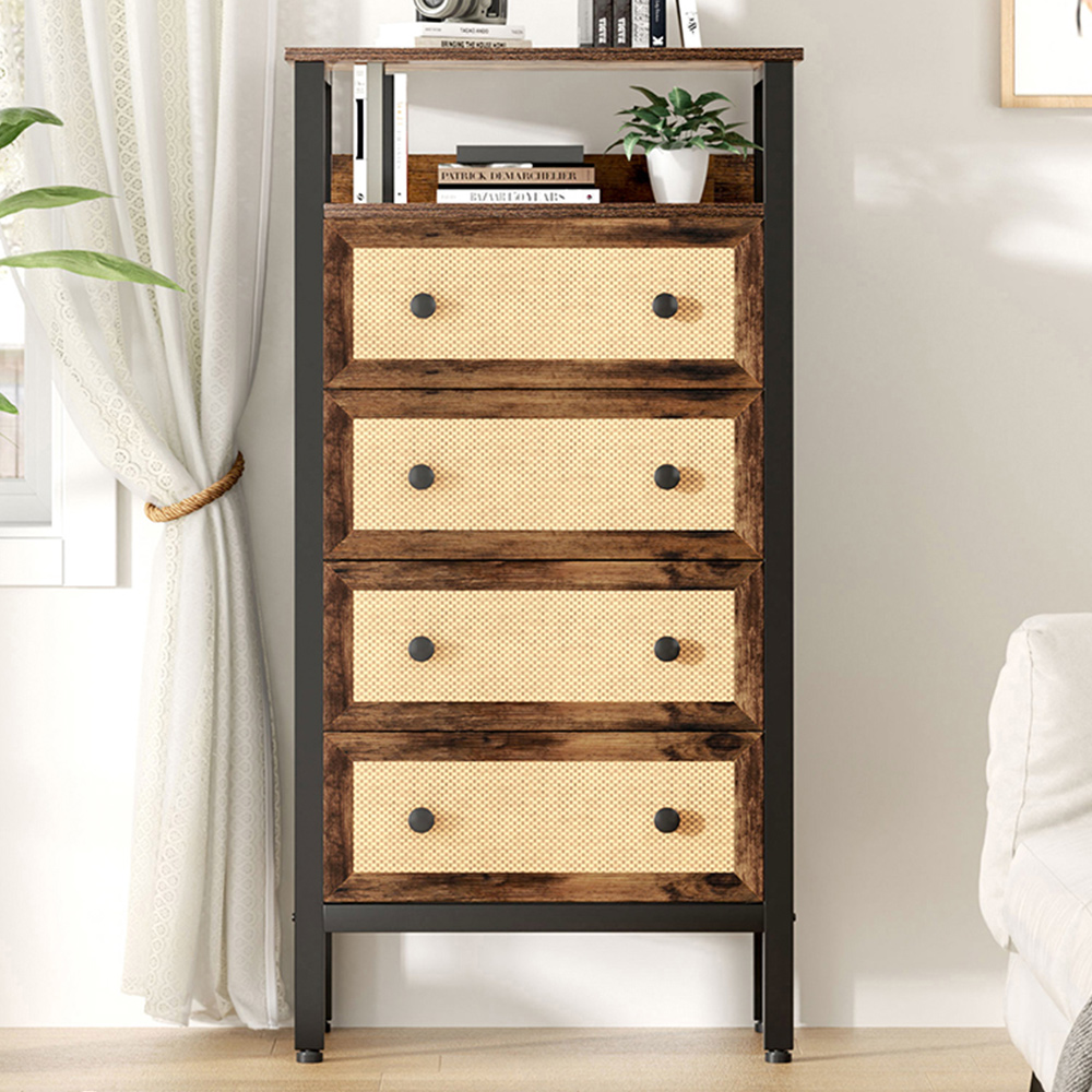 H&O Direct 4 Drawer Single Shelf Rattan Detailing Rustic Cabinet Image 1