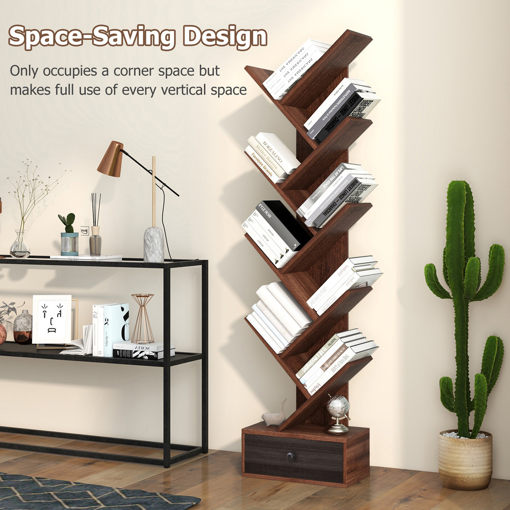 Costway Single Drawer 10 Shelf Brown Tree Bookshelf Image 5