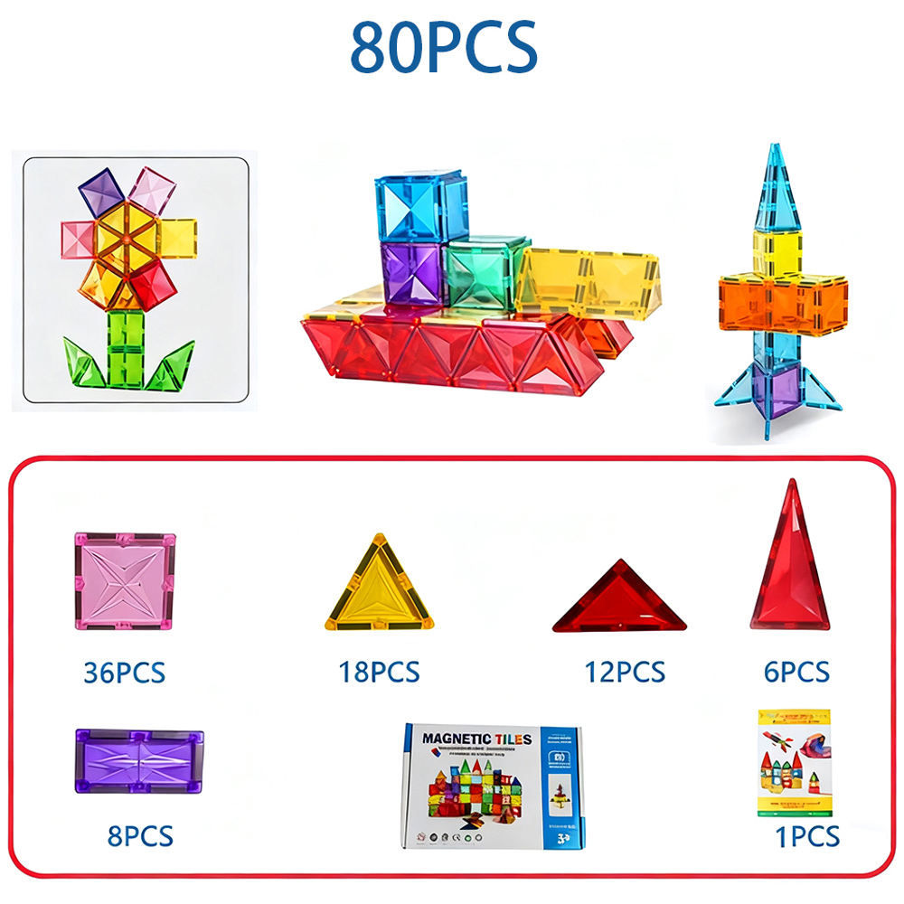 H&O Direct 80 Piece Magnet Building Tile Clear 3D Building Block Image 7