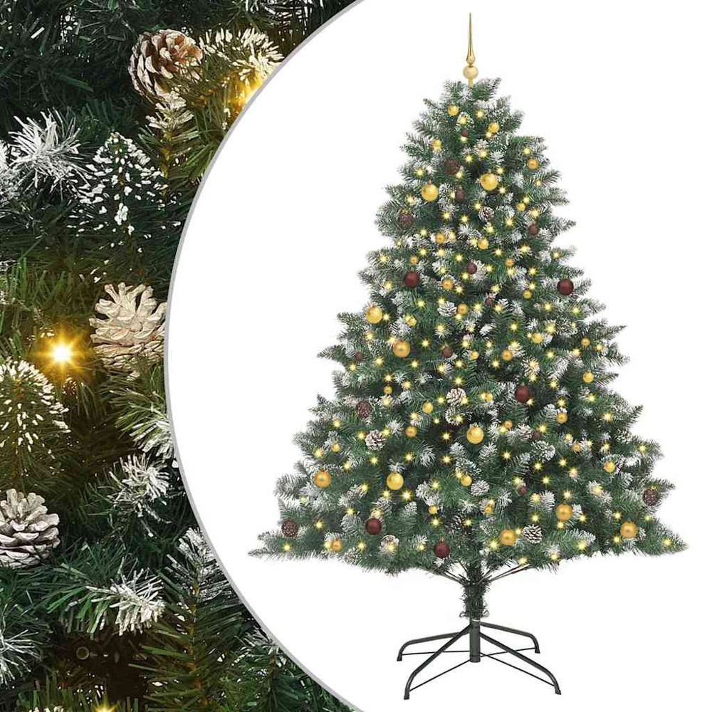 vidaXL Pre-Lit Gold and Bronze Baubles Green Artificial Snow Tipped Christmas Tree 8ft Image 2