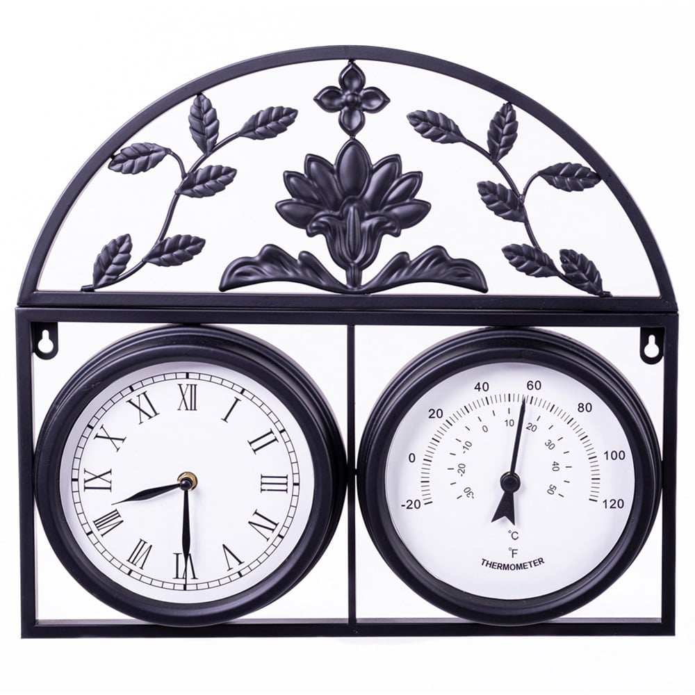 Garden Gear Wyevale Garden Black Floral Pattern Wall Clock and Thermometer Image 1