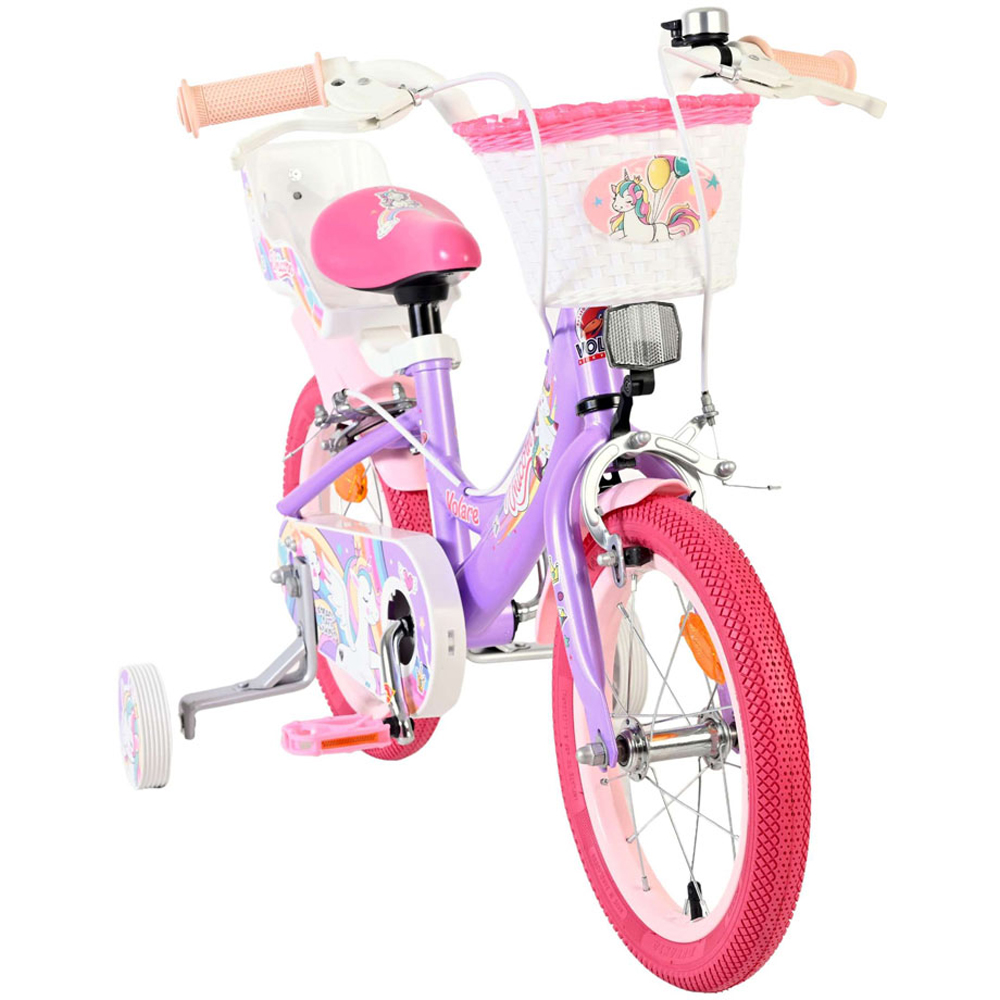 Volare Unicorn Kids 14 inch Purple and Pink Bike with Stabilisers Doll Seat and Basket Image 2