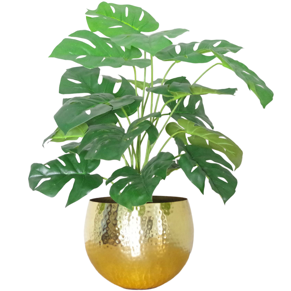 Leaf Artificial Monstera Plant in Golden Metal Planter 60cm Image 1