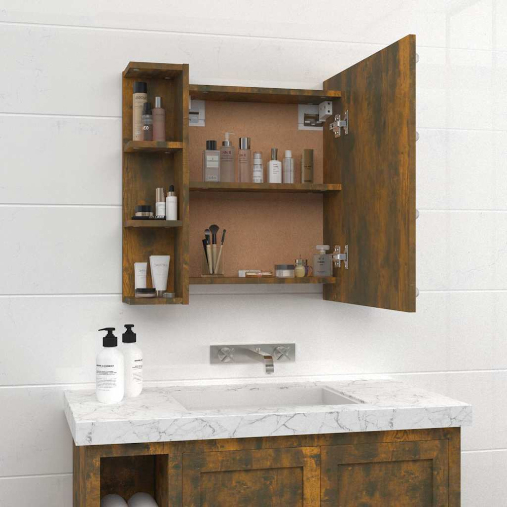 vidaXL Single Door 6 Open Shelf Smoked Oak LED Mirror Bathroom Cabinet Image 9