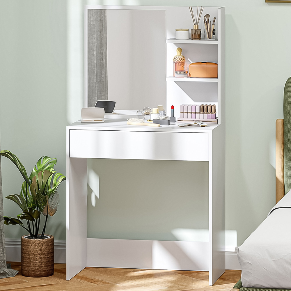 HOMCOM Single Drawer 3 Shelf White Dressing Table with Mirror Image 1