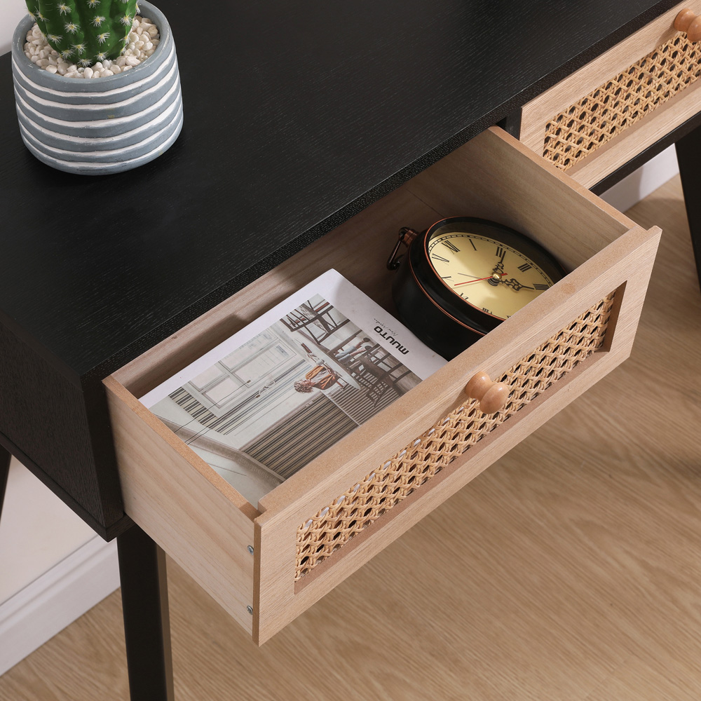 FurnitureHMD 2 Drawer Black Rattan Weaving Console Table Image 7