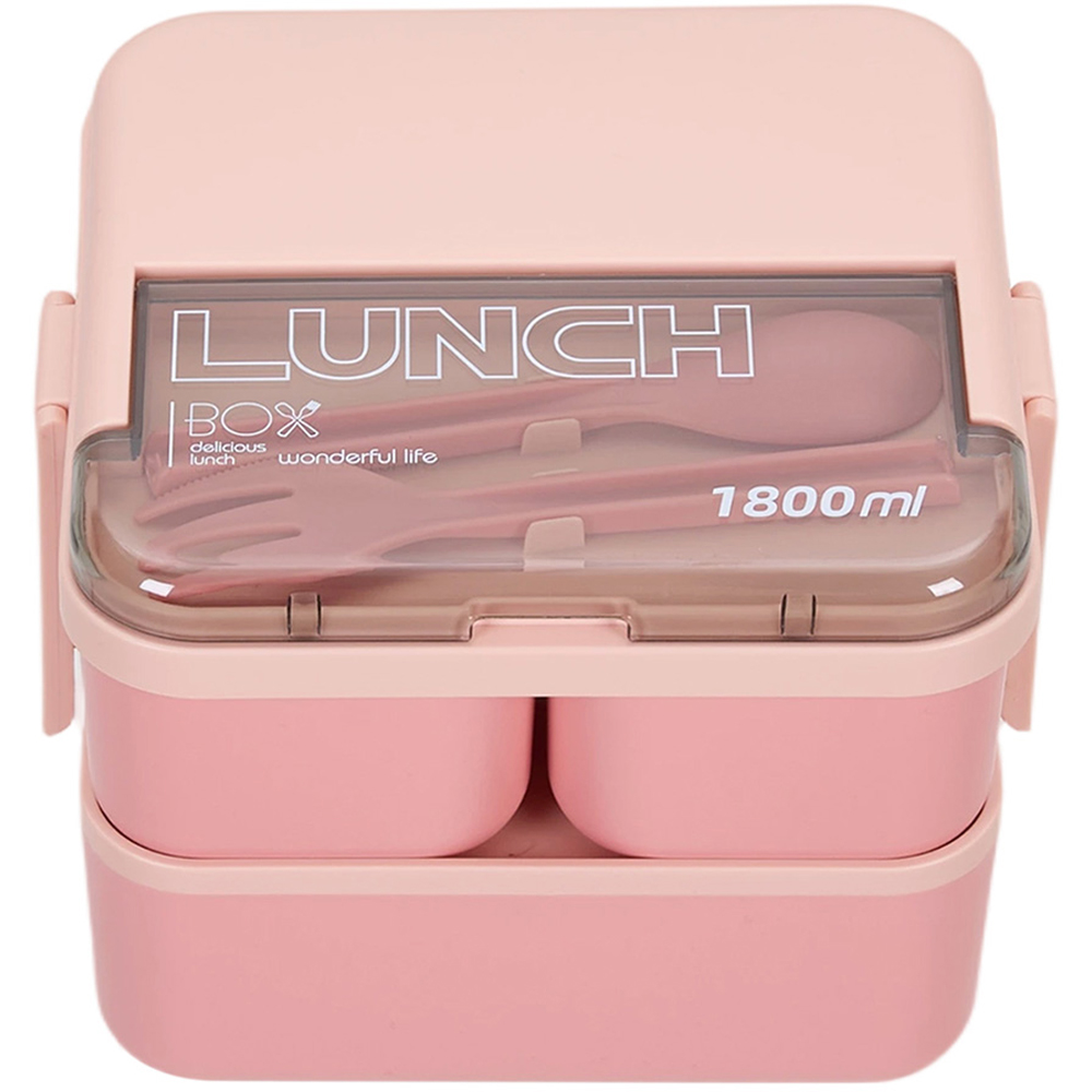 Living and Home 1.8L 2-Tier Pink Lunch Box with Cutlery and 3 Top Compartments Image 3