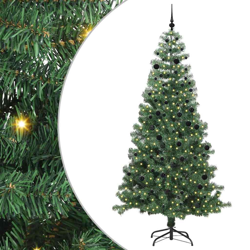 vidaXL Pre-Lit Black Baubles Green Artificial Christmas Tree 8ft Image 2