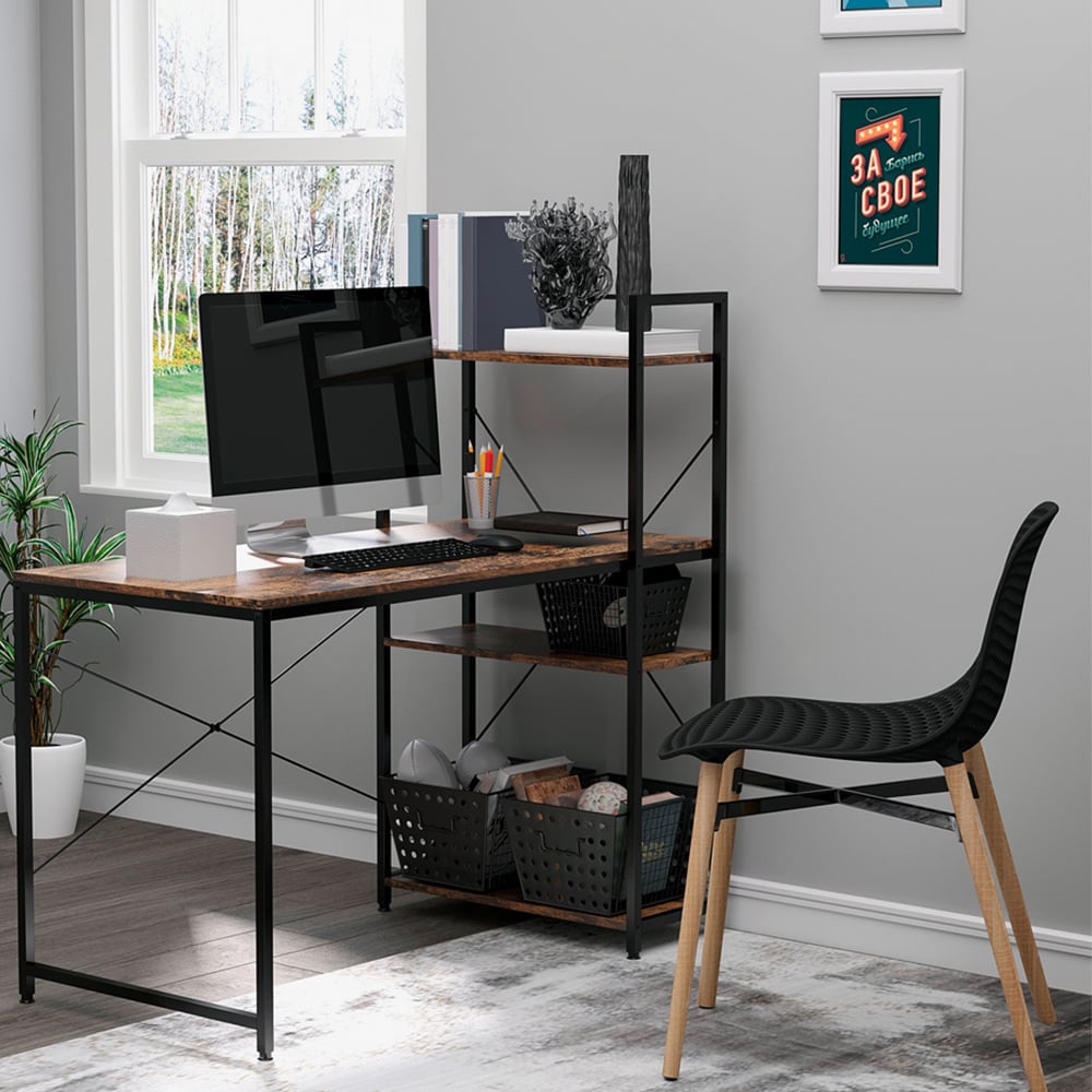 Portland Computer Desk 4 Tier Storage Rustic Brown & Black Image 1