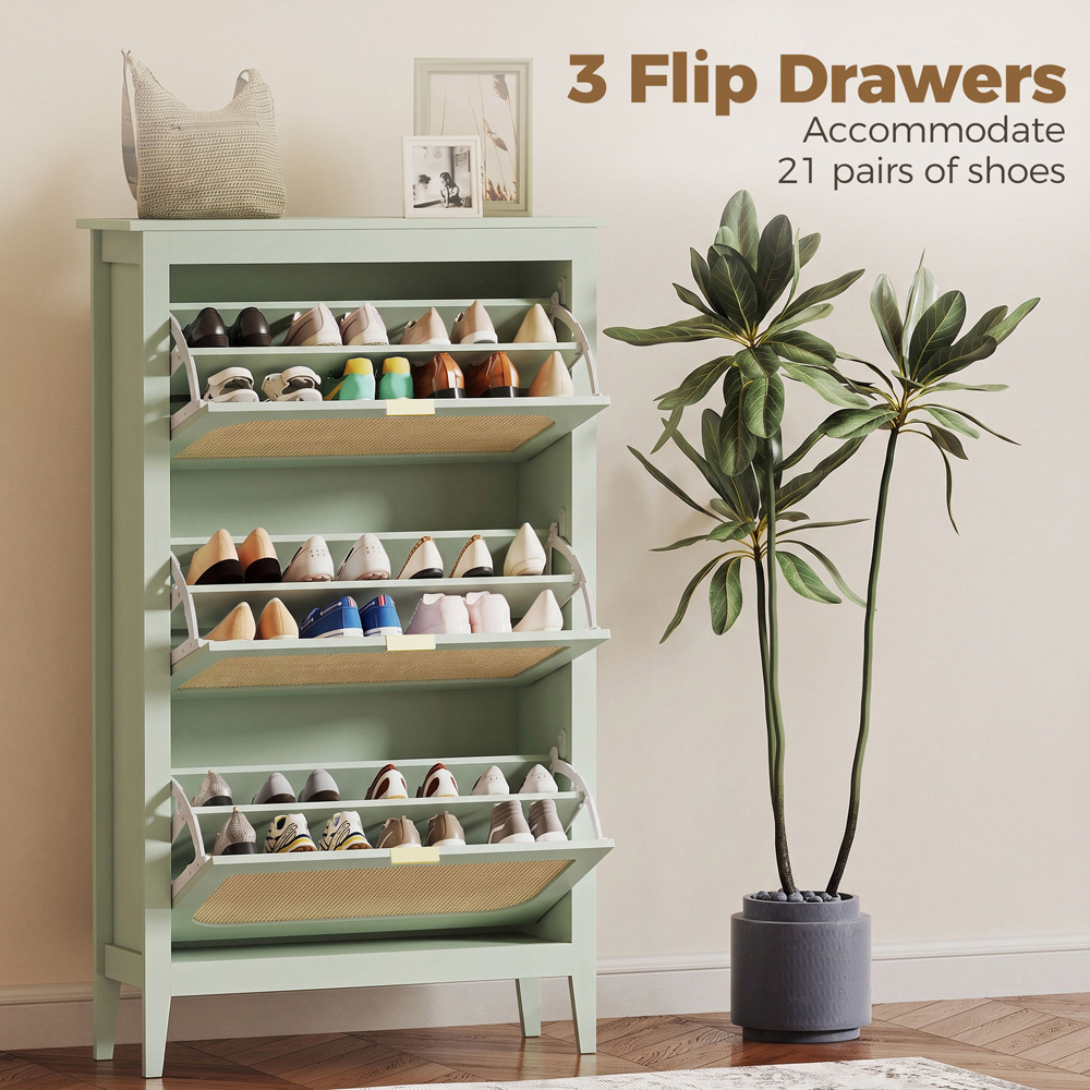HOMCOM 3 Flip Door Green Rattan Boho-Style Slim Shoe Cabinet Image 6