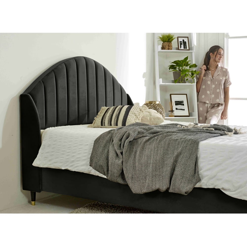 Eleganza Elysium Double Black Plush Velvet Bed Frame with Curved Winged Headboard Image 3