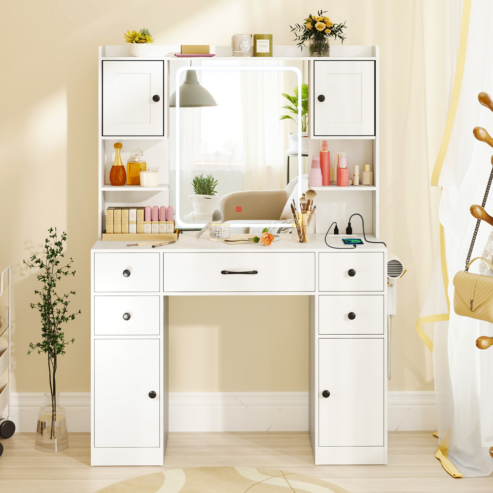 Costway White 5 Drawer 2 Door Makeup Table with LED Mirror Image 6