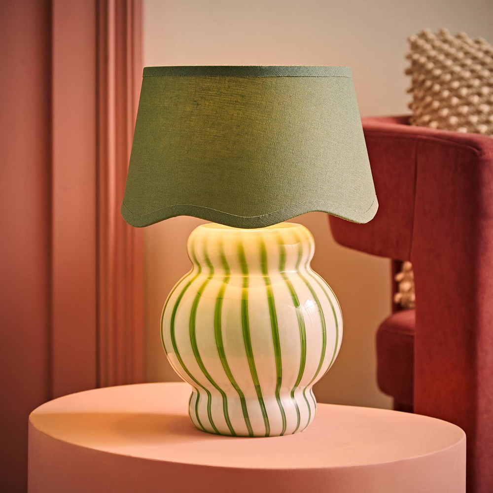 ValueLights Taffy Sage Scallop Shade Green Stripe Glass Table Lamp with Bulb Image 2