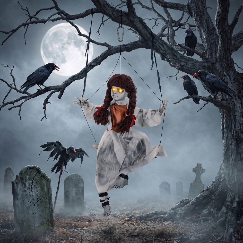 HOMCOM Light Up Animated Hanging Creepy Girl on Swing Halloween Decoration 2.6ft Image 2