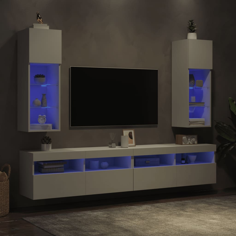 vidaXL Single Door 3 Shelf White TV Cabinet with LED Lights Set of 2 Image 7