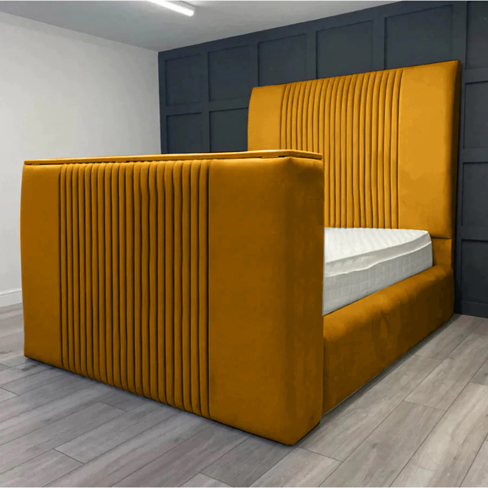 Eleganza Home Emri Double Mustard Plush Velvet TV Bed Frame with Lined Headboard Image 1