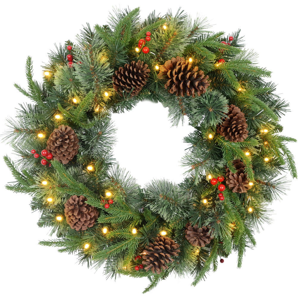 Everglow Green Christmas LED Wreath with Pine Cones and Red Berries 60cm Image 1