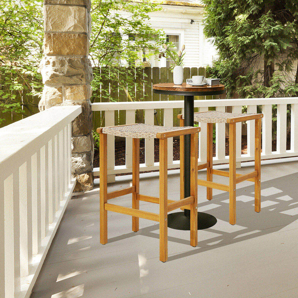 Costway Acacia Wood PE Wicker Bar Stool Set of 2 Image 3